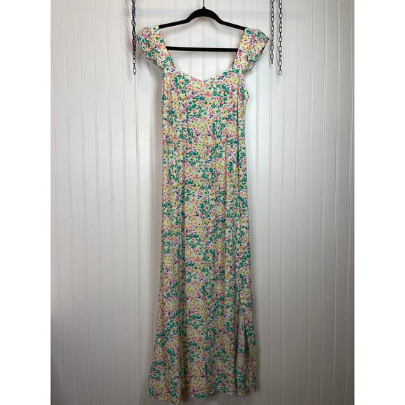 NWOT LOFT Ruffle Strap Midi Dress Green Pink Floral Summer Boho Silk Size 6 - Picture 2 of 8